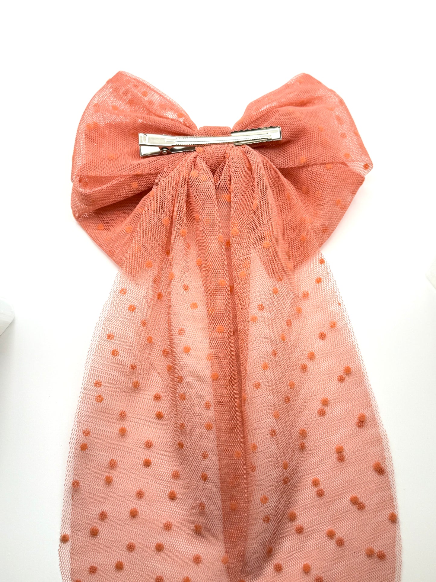 Oversized Coral Pink Hair Bow Clip – Elegant Long Tail Velvet Barrette for Women & Girls