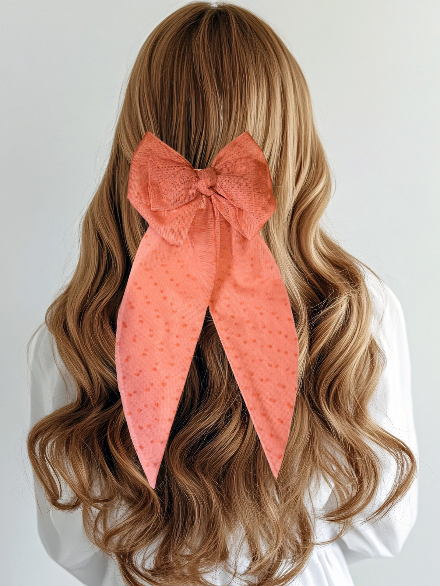 Oversized Coral Pink Hair Bow Clip – Elegant Long Tail Velvet Barrette for Women & Girls
