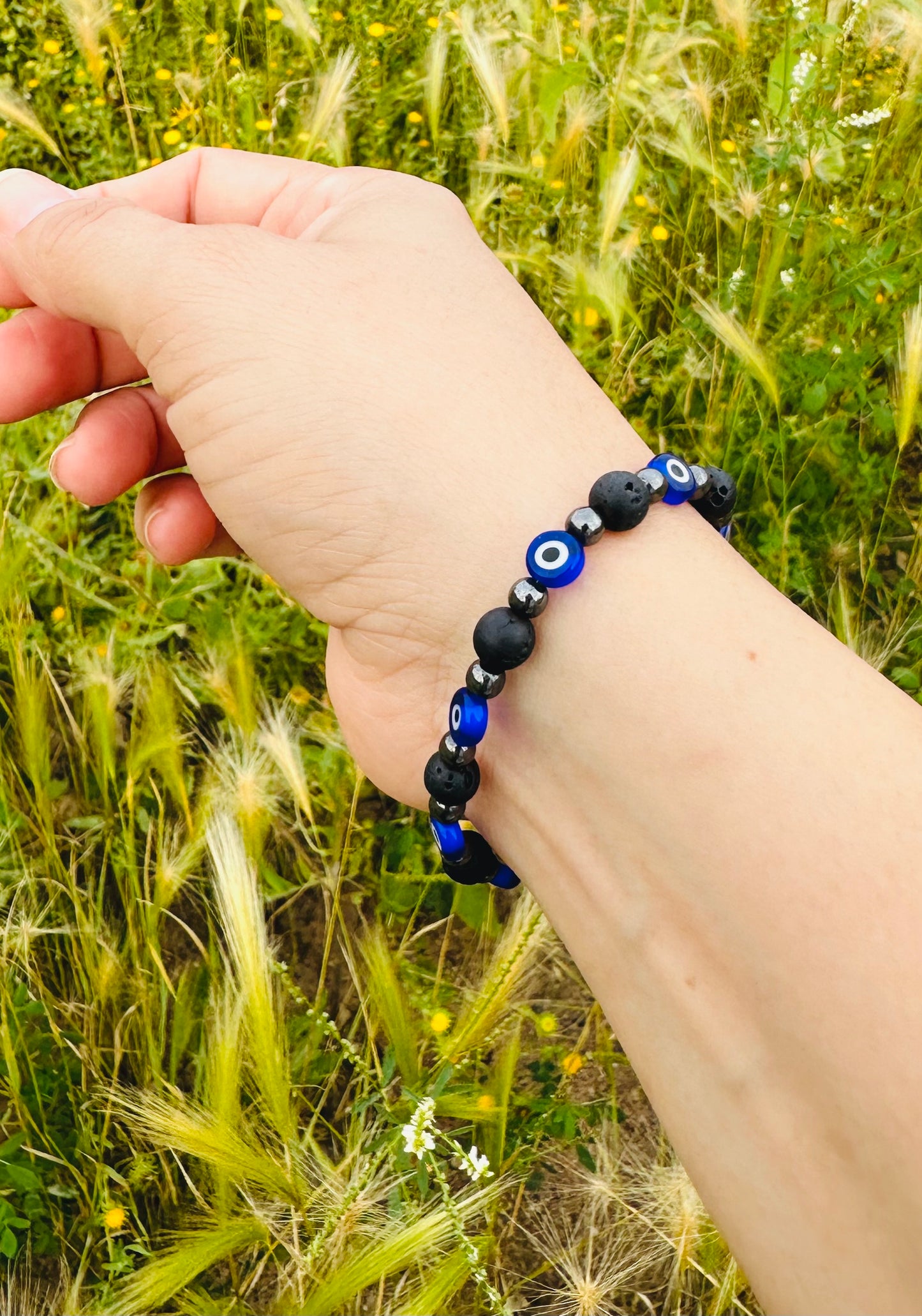 Blue Evil Eye & Black Lava Bracelet