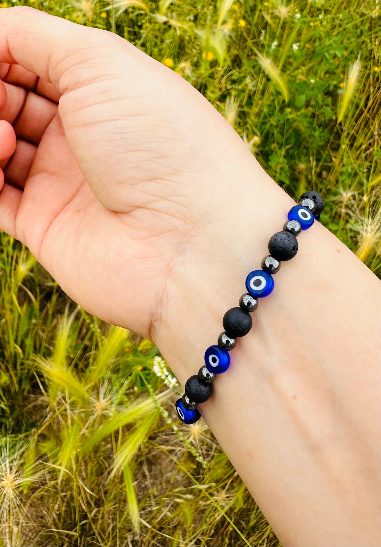 Blue Evil Eye & Black Lava Bracelet