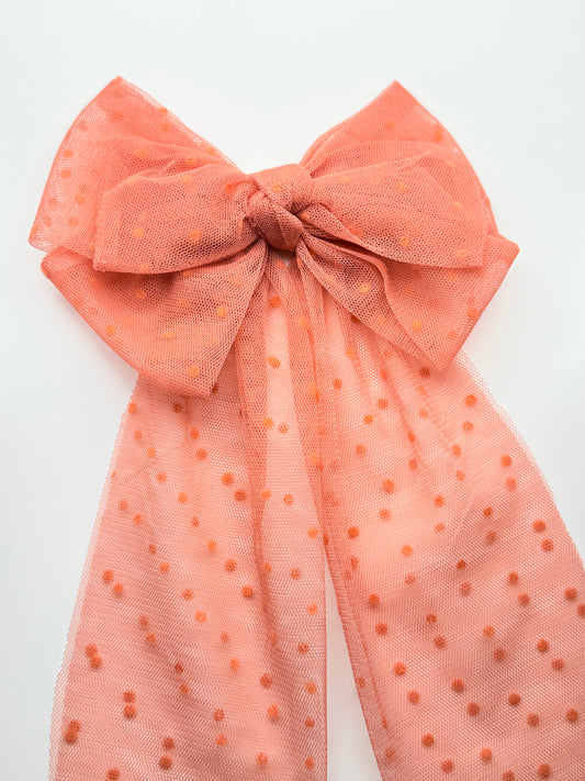 Oversized Coral Pink Hair Bow Clip – Elegant Long Tail Velvet Barrette for Women & Girls