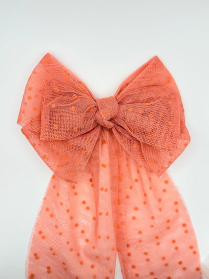 Oversized Coral Pink Hair Bow Clip – Elegant Long Tail Velvet Barrette for Women & Girls