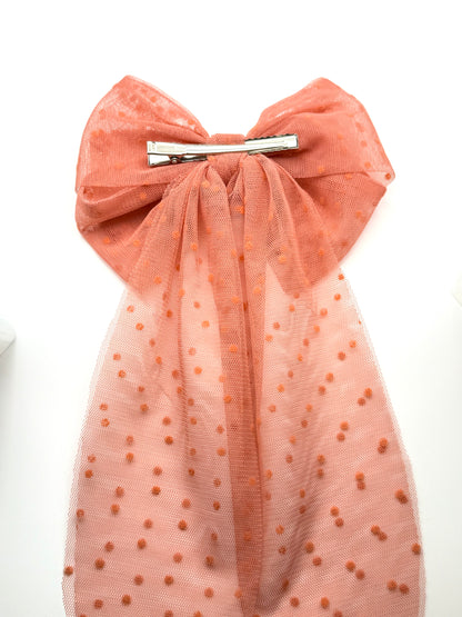 Oversized Coral Pink Hair Bow Clip – Elegant Long Tail Velvet Barrette for Women & Girls