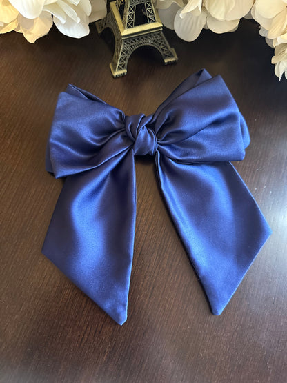 Navy Silk Satin Green Bow