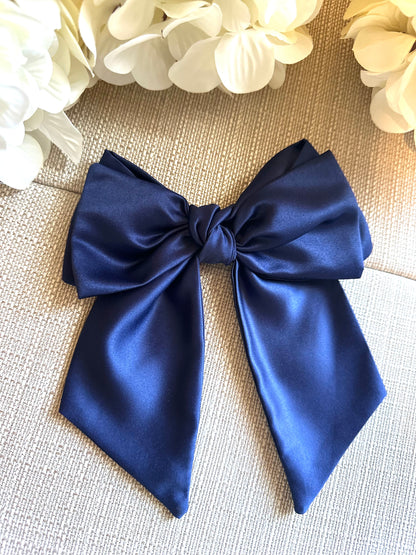 Navy Silk Satin Green Bow