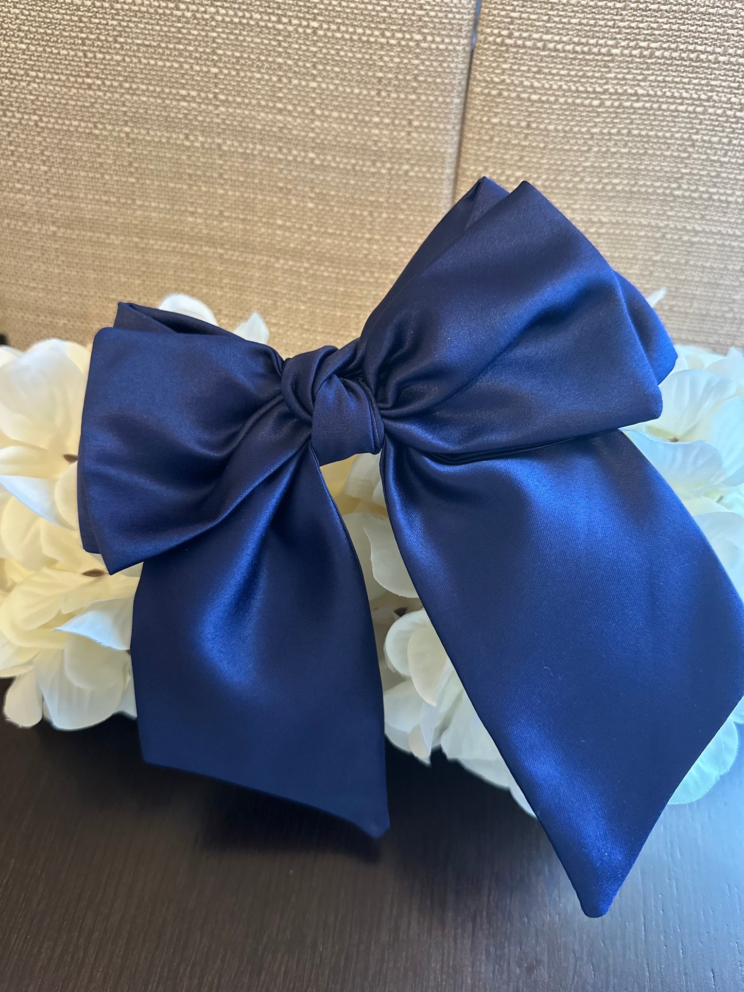 Navy Silk Satin Green Bow