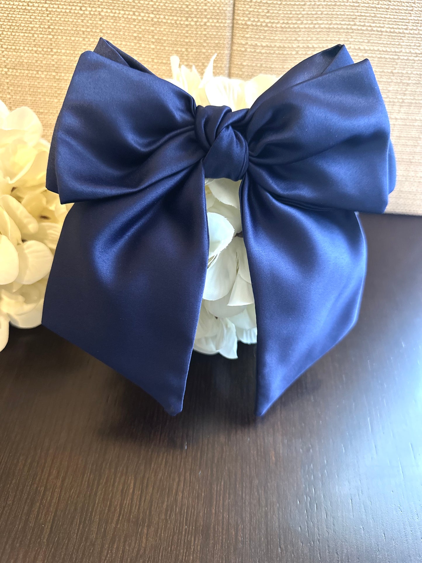 Navy Silk Satin Green Bow