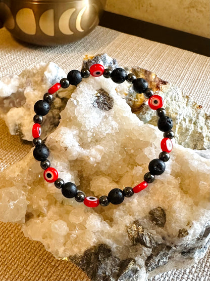 Red Evil Eye & Black Lava Bracelet